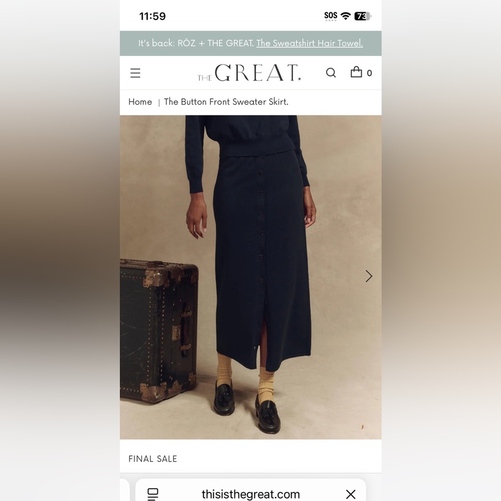 THE GREAT. Navy Button-Front Midi Skirt